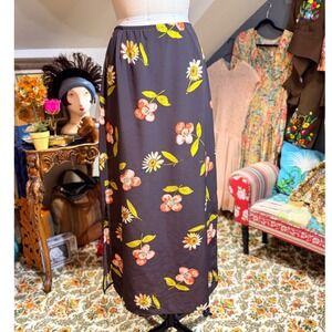 Vintage 90s Floral Print Maxi Skirt Brown Orange Women's Size 8‎